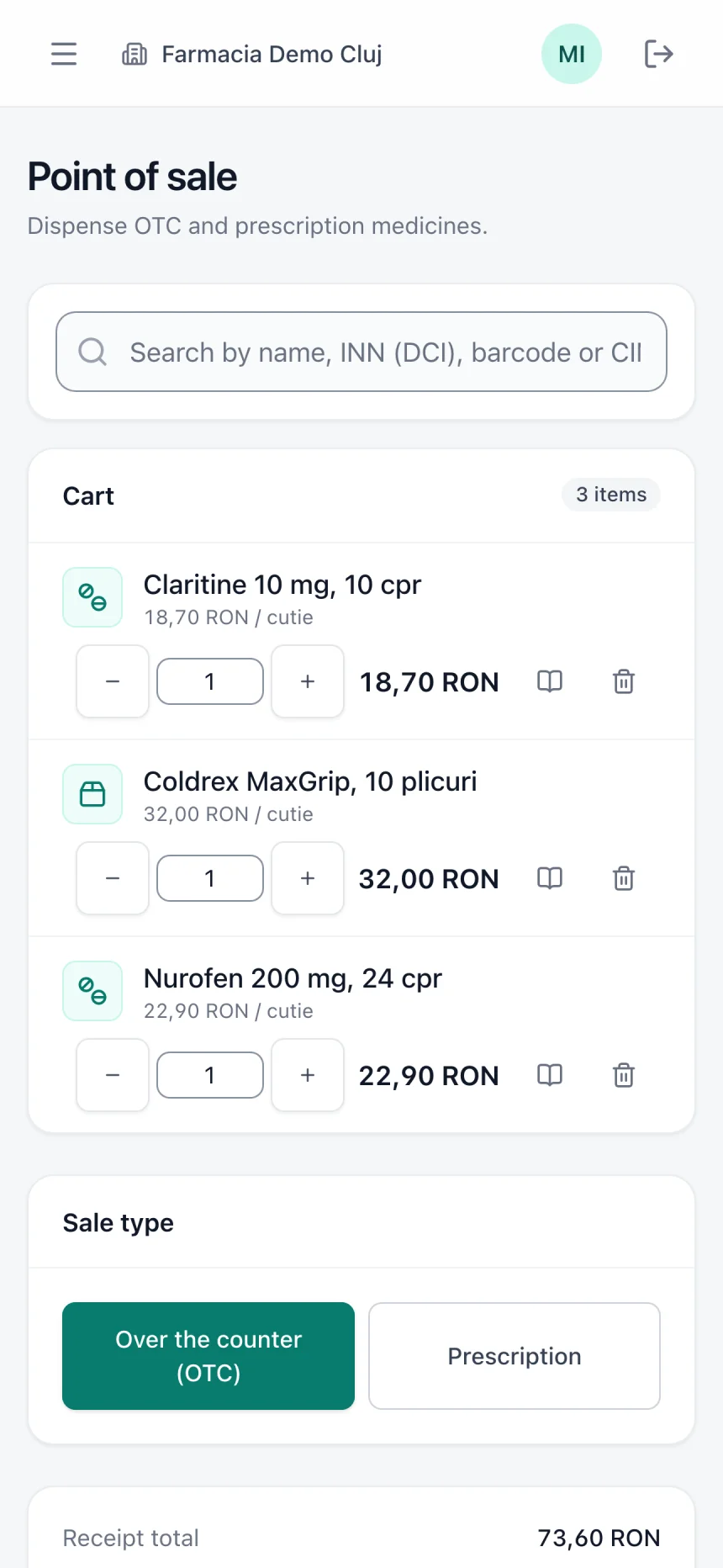 The sales screen: a cart with three products, the total to collect and the button that closes the receipt