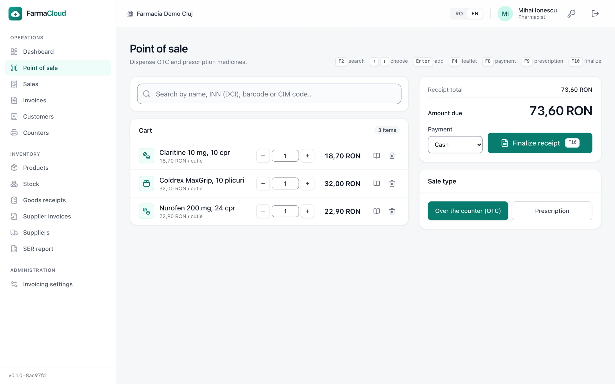 The sales screen: a cart with three products, the total to collect and the button that closes the receipt